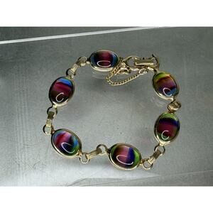 VTG Sarah Coventry Gold Tone Rainbow Glass Bracelet & Safety Chain 7.5in